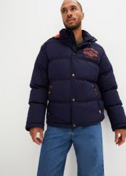 Kurtka zimowa pikowana. Niebieskie kurtki bonprix, na zimę, m, bez wzorów, z kapturem. Za 349.99 zł.