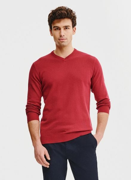 PAKO LORENTE – Czerwony męski sweter w serek. Czerwone swetry nierozpinane Pako Lorente, na wiosnę, m, bez wzorów, z bawełny, bez kołnierzyka, bez ramiączek. Za 139.99 zł.