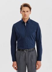 PAKO LORENTE – Granatowa koszula melanż. Koszule Pako Lorente, s, bez wzorów, z bawełny, bez kołnierzyka, bez ramiączek. Za 199.99 zł.