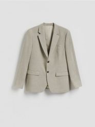 Marynarka regular z domieszką lnu - oliwkowy. Zielone garnitury Reserved, l, bez wzorów, z tkaniny. Za 359.99 zł.