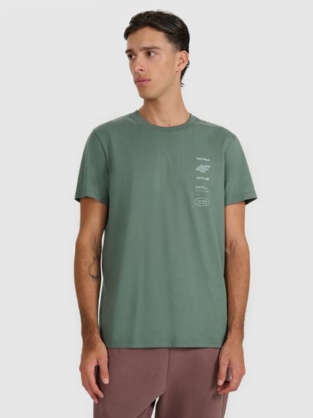 4F T-shirt regular z nadrukiem męski - khaki S. Brązowe t-shirty 4F, m, bez wzorów, z bawełny, bez kołnierzyka, bez ramiączek. W wyprzedaży za 39.99 zł.