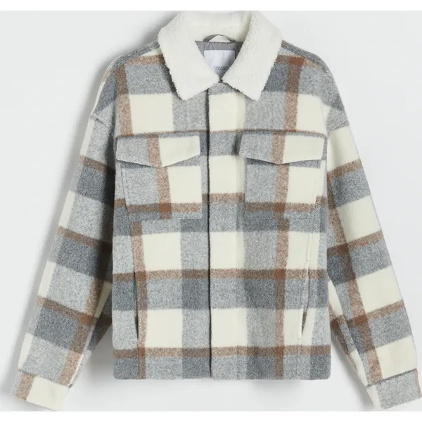 Kurtka sherpa w kratę - Beżowy. Brązowe kurtki Reserved, l, bez wzorów, bez kaptura. Za 299.99 zł.