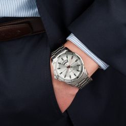 Zegarek męski bransoleta duży solidny srebrny z datownikiem premium Beltimore BT03. Szare zegarki srebrne. Za 149.99 zł.