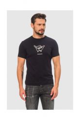 EMPORIO ARMANI Granatowy t-shirt męski z białym printem. Niebieskie t-shirty Emporio Armani, m, bez wzorów, prążkowane, bez kołnierzyka, bez ramiączek. W wyprzedaży za 229.99 zł.