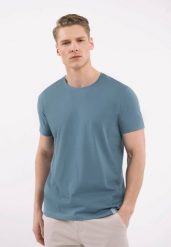 Bawełniana koszulka T-BASIC. Niebieskie t-shirty Volcano, l, bez wzorów, z bawełny, bez kołnierzyka, bez ramiączek. Za 54.99 zł.
