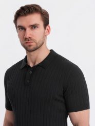 Męska koszulka polo z wiskozą SLIM FIT w pionowy prążek – czarna V1 OM-POSS-0143 - XXL. Czarne koszulki polo sportowe Ombre Clothing, l, bez wzorów, z dzianiny, bez kołnierzyka, bez ramiączek. Za 119.99 zł.