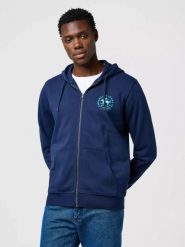 MĘSKA BLUZA WRANGLER GRAPHIC ZIP HOODIE NAVY 112371461. Niebieskie bluzy Wrangler, l, bez wzorów, bez kaptura. Za 189.99 zł.