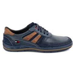 KOMODO Półbuty męskie ze skóry Polskie 837k granatowe niebieskie. Niebieskie eleganckie półbuty bez wzorów, z materiału, bez obcasa, bez zapięcia. Za 367.89 zł.