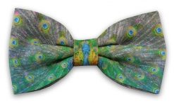 Zielono-Szara Elegancka Mucha -EM Men's Accessories- Męska, w Pawie Oczka, Paw, Motyw Zwierzęcy. Szare krawaty i muchy Em men's accessories, bez wzorów. Za 49.99 zł.