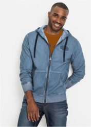 Bluza rozpinana z kapturem i efektem wytarcia. Niebieskie bluzy bonprix, l, z aplikacjami, z kapturem. Za 159.99 zł.