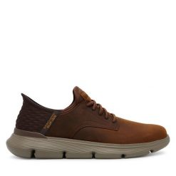 Półbuty Skechers. Brązowe eleganckie półbuty Skechers, bez wzorów, bez obcasa, bez zapięcia. Za 429.99 zł.