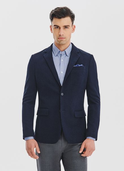 PAKO LORENTE – Granatowa dzianinowa marynarka męska. Garnitury Pako Lorente, na co dzień, m, bez wzorów, z bawełny, casualowe. Za 799.99 zł.