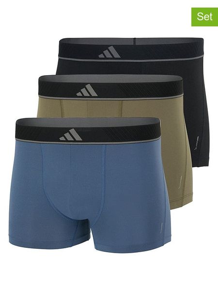 Adidas Bokserki (3 pary) w kolorze czarnym, khaki i niebieskim rozmiar: M. Brązowe bokserki Adidas, m, bez wzorów. Za 83.22 zł.