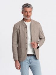 Stylowa marynarka męska bez klap - jasnobrązowa V2 - Rozmiar: L. Brązowe garnitury Ombre Clothing, l, bez wzorów, z materiału. W wyprzedaży za 149.99 zł.