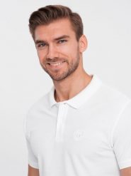 Koszulka męska polo z dzianiny pique - biały V4 S1374 - XXL. Białe koszulki polo sportowe Ombre Clothing, m, bez wzorów, z bawełny, bez kołnierzyka, bez ramiączek. W wyprzedaży za 39.99 zł.