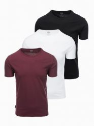 Zestaw bawełnianych t-shirtów męskich BASIC z okrągłym dekoltem – czarny/biały/bordowy V6 OM-TSBS-0232 - XXL. Czerwone t-shirty Ombre Clothing, l, bez wzorów, z bawełny, bez kołnierzyka, bez ramiączek. Za 89.99 zł.