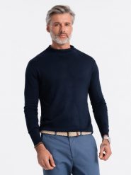 Sweter męski z półgolfem o gładkiej strukturze - granatowy V2 E178 - M. Niebieskie swetry nierozpinane Ombre Clothing, m, bez wzorów, z materiału, bez kołnierzyka, bez ramiączek. W wyprzedaży za 49.99 zł.