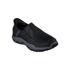 Buty sportowe Sneakersy męskie, Skechers Respected - Elgin Slip-ins. Czarne buty sportowe casual Skechers, bez wzorów, ze skóry, bez zapięcia. Za 399.99 zł.