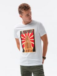 T-shirt męski z nadrukiem - biały V-2A S1434 - XXL. Białe t-shirty Ombre Clothing, m, bez wzorów, z bawełny, bez kołnierzyka, bez ramiączek. W wyprzedaży za 29.99 zł.