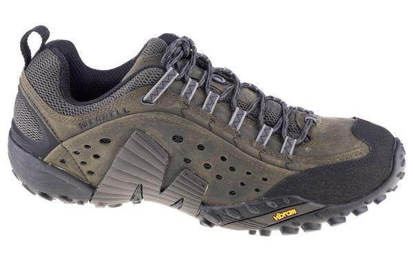 Buty trekkingowe męskie Merrell Intercept. Szare buty turystyczne Merrell, bez wzorów, z materiału, bez zapięcia, trekkingowe. Za 699.99 zł.