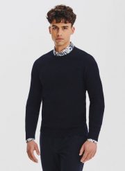PAKO LORENTE - Granatowy sweter męski o-neck. Niebieskie swetry nierozpinane Pako Lorente, na jesień, m, bez wzorów, z bawełny, bez kołnierzyka, bez ramiączek. Za 199.99 zł.