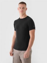 4F T-shirt bezszwowy regular męski 4F x Robert Lewandowski - czarny L/XL. Czarne t-shirty 4F, l, bez wzorów, z dzianiny, bez kołnierzyka, bez ramiączek. W wyprzedaży za 59.99 zł.