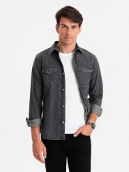 Koszula męska jeansowa na zatrzaski z kieszonkami - czarna V3 - Rozmiar: S. Czarne koszule Ombre Clothing, l, bez wzorów, z bawełny, bez kołnierzyka, bez ramiączek. Za 169.99 zł.