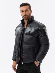 Kurtka męska zimowa z kontrastową podszewką - czarna V2. Czarne kurtki Ombre Clothing, na zimę, m, bez wzorów, z nylonu, bez kaptura. W wyprzedaży za 199.99 zł.