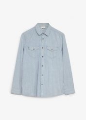 Koszula jeansowa w paski, z czystej bawełny. Niebieskie koszule bonprix, m, bez wzorów, z bawełny, bez kołnierzyka, bez ramiączek. Za 114.99 zł.