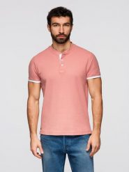 Męska koszulka polo bez kołnierzyka - różowa V7 - Rozmiar: M. Czerwone koszulki polo sportowe Ombre Clothing, l, bez wzorów, z bawełny, bez kołnierzyka, bez ramiączek. W wyprzedaży za 45.50 zł.