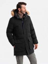 Ocieplana męska długa kurtka parka z rozpinanym dołem – czarna V3 OM-JALJ-0184 - XXL. Czarne kurtki Ombre Clothing, l, z aplikacjami, z gumy. W wyprzedaży za 309.99 zł.