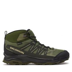 Trekkingi Salomon. Zielone botki sznurowane Salomon, bez wzorów, z gore-texu, bez obcasa, bez zapięcia. Za 579.99 zł.