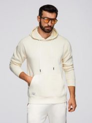 Męska bluza dresowa kangurka z kapturem - kremowa V11 - Rozmiar: S. Białe bluzy Ombre Clothing, m, bez wzorów, z bawełny, z kapturem. W wyprzedaży za 116.99 zł.