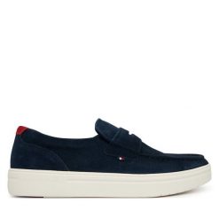Półbuty Tommy Hilfiger. Niebieskie eleganckie półbuty Tommy Hilfiger, bez wzorów, bez obcasa, bez zapięcia. Za 479.99 zł.