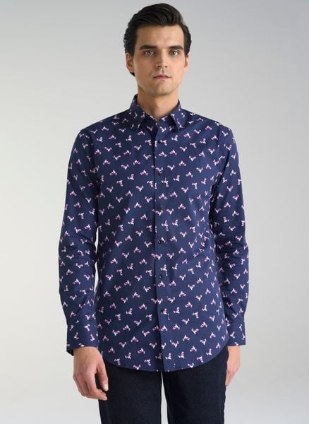 PAKO LORENTE – Granatowa koszula w kolibry. Koszule Pako Lorente, l, bez wzorów, z bawełny, bez kołnierzyka, bez ramiączek. Za 79.99 zł.