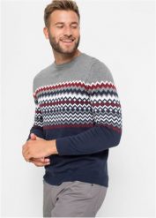 Sweter w norweski wzór, z bawełną. Szare swetry nierozpinane bonprix, l, bez wzorów, z bawełny, bez kołnierzyka, bez ramiączek. Za 129.99 zł.