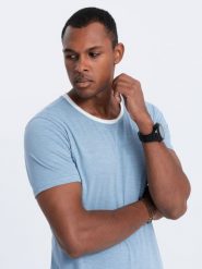 T-shirt męski bawełniany - błękitny V4 S1385 - S. Niebieskie t-shirty Ombre Clothing, m, bez wzorów, z bawełny, bez kołnierzyka, bez ramiączek. W wyprzedaży za 19.99 zł.
