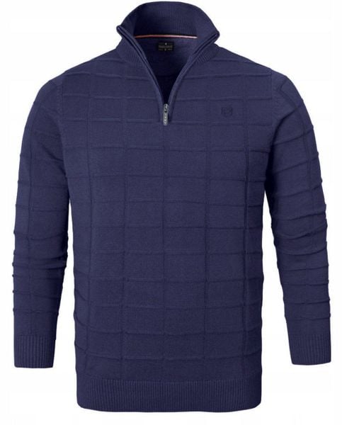 Elegancki Sweter Męski (Zamek) - Pako Jeans - Wysoki Dekolt, Granatowy. Niebieskie swetry rozpinane Pako Jeans, l, bez wzorów, z bawełny, bez kołnierzyka, bez ramiączek. Za 195.00 zł.