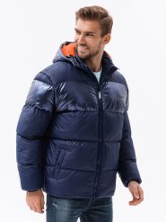 Kurtka męska zimowa z kontrastową podszewką - ciemnoniebieska V1 C546 - L. Niebieskie kurtki Ombre Clothing, na zimę, l, bez wzorów, z nylonu, bez kaptura. W wyprzedaży za 199.99 zł.