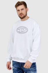 DIESEL Biała bluza męska z wytłaczanym logo. Białe bluzy Diesel, l, bez wzorów, prążkowane, bez kaptura. W wyprzedaży za 459.99 zł.