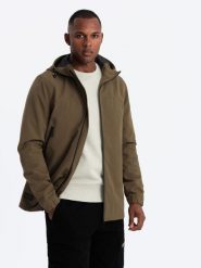 Lekka męska kurtka typu sztormiak z kapturem – brązowa V2 OM-JANP-0191 - XXL. Brązowe kurtki Ombre Clothing, l, z aplikacjami, z gumy, z kapturem. Za 207.99 zł.