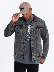 Jeansowa męska kurtka katana z washem – grafitowa V5 OM-JADJ-0123 - M. Szare kurtki Ombre Clothing, m, bez wzorów, z denimu, bez kaptura. W wyprzedaży za 79.99 zł.