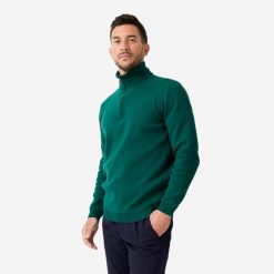 Sweter do golfa męski MW500 z półgolfem. Zielone golfy INESIS, l, bez wzorów, z bawełny, bez ramiączek. Za 159.99 zł.