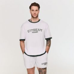Szorty męskie fitness oversize ze sznurkiem Varsity szare. Szare krótkie spodenki sportowe GYMBEAM, l, bez wzorów, z bawełny. Za 105.90 zł.