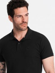 Jednokolorowa koszulka męska polo BASIC z dzianiny pique - czarna V1 OM-POBS-0100 - XXL. Czarne koszulki polo sportowe Ombre Clothing, l, z aplikacjami, z bawełny, bez kołnierzyka, bez ramiączek. Za 77.99 zł.