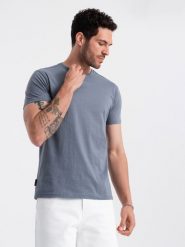 T-shirt męski klasyczny bawełniany BASIC - niebieski denim V7 OM-TSBS-0146 - XXL. Niebieskie t-shirty Ombre Clothing, m, bez wzorów, z bawełny, bez kołnierzyka, bez ramiączek. W wyprzedaży za 24.99 zł.