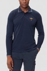AERONAUTICA MILITARE Granatowy bawełniany męski longsleeve polo, Rozmiar L. Niebieskie bluzki z długim rękawem Aeronautica Militare, l, bez wzorów, z bawełny, bez kołnierzyka, bez ramiączek. W wyprzedaży za 299.99 zł.