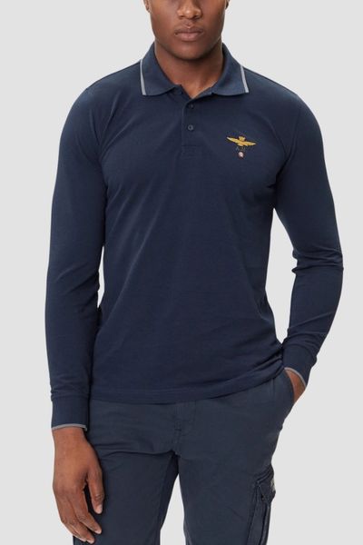 AERONAUTICA MILITARE Granatowy bawełniany męski longsleeve polo, Rozmiar XL. Niebieskie bluzki z długim rękawem Aeronautica Militare, m, bez wzorów, z bawełny, bez kołnierzyka, bez ramiączek. W wyprzedaży za 224.99 zł.