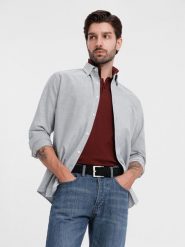 Elegancka koszula męska oxford z haftem – jasnoszara V2 OM-SHOS-0172 - XXL. Szare koszule Ombre Clothing, l, z aplikacjami, z bawełny, bez kołnierzyka, bez ramiączek. W wyprzedaży za 109.99 zł.