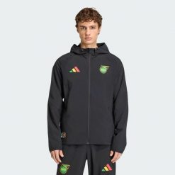 Jamaica x Bob Marley Tiro Travel Full Zip Windbreaker Jacket. Czarne kurtki przejściowe Adidas, bez wzorów, bez kaptura. Za 399.00 zł.